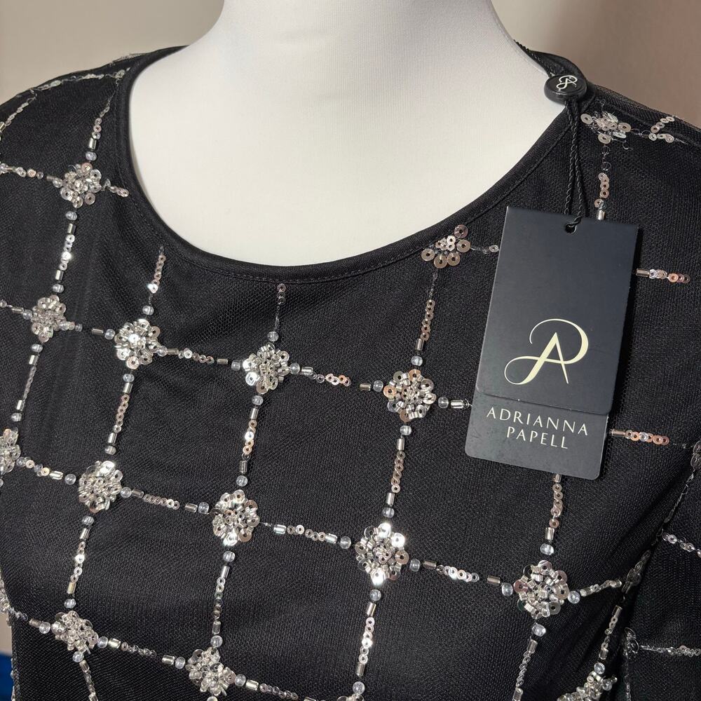 Adrianna Papell Beaded Mesh Top Black Sequin Puff Sleeve Sheer Blouse NWT Sz L​ - Picture 8 of 10